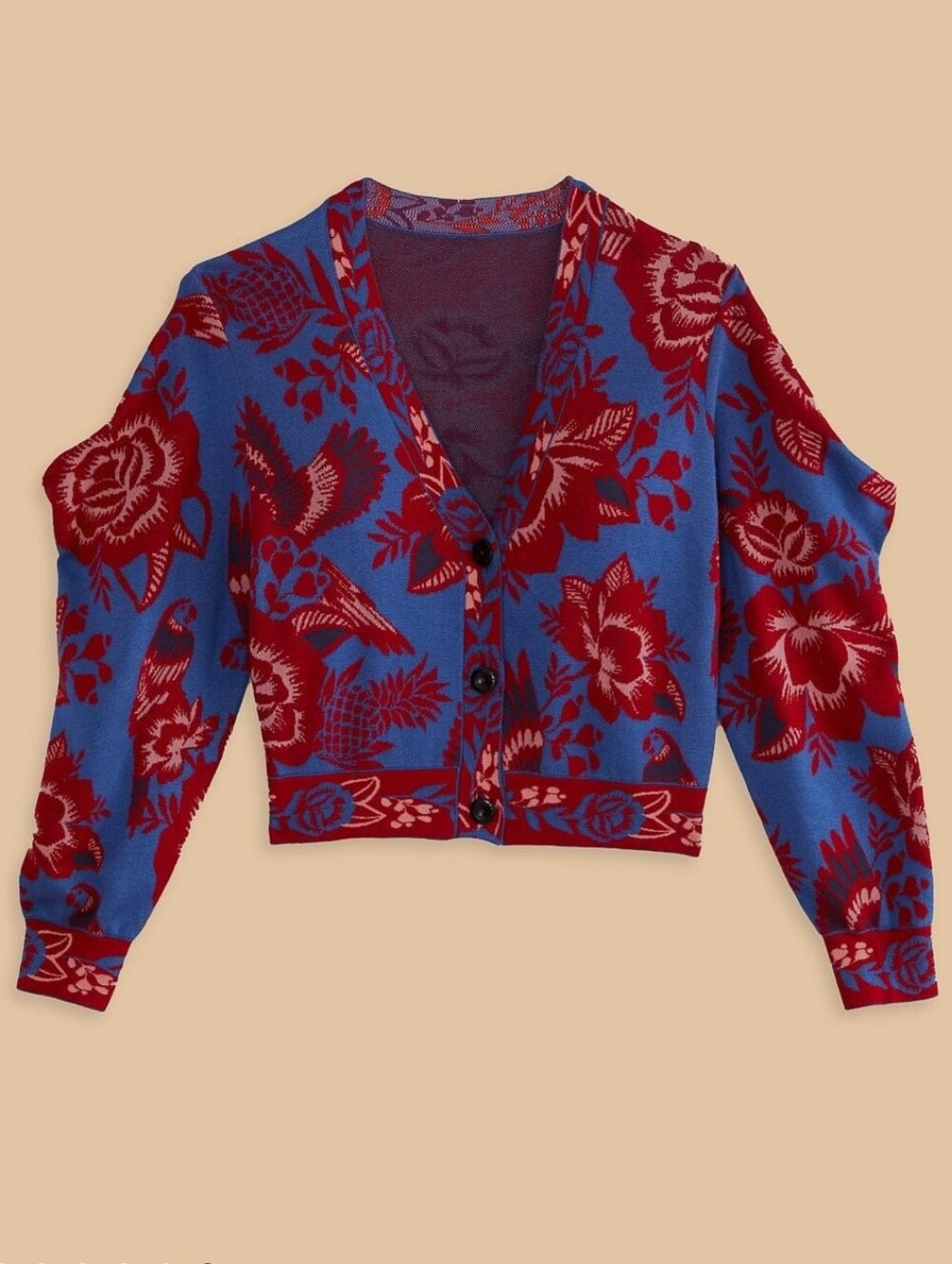 Farm Rio Blue Lace Garden VNeck Cardigan In Blue & Red Size Medium